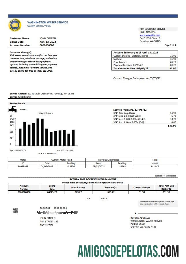 realista Modelo de conta de serviços públicos de água de Washington nos EUA em formato Word e PDF